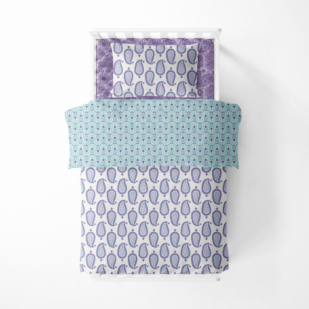 Girls 4 pc Toddler Bedding/3 pc Sheet Set 100% Cotton Percale, Paisley Isabella, Purple/Lilac/Aqua - Bacati - 4 pc Toddler Bedding Set - Bacati