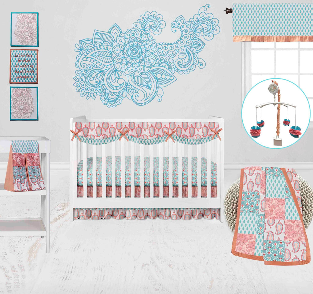 Paisley Sophia Coral/Aqua Girls Crib Bedding Set - Bacati - Crib Bedding Set - Bacati