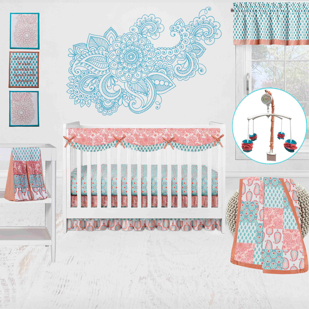 Bacati - Long/Small Crib Rail Guard Covers Cotton Paisley Sophia Coral/Aqua - Bacati - Crib Rail Guard - Bacati