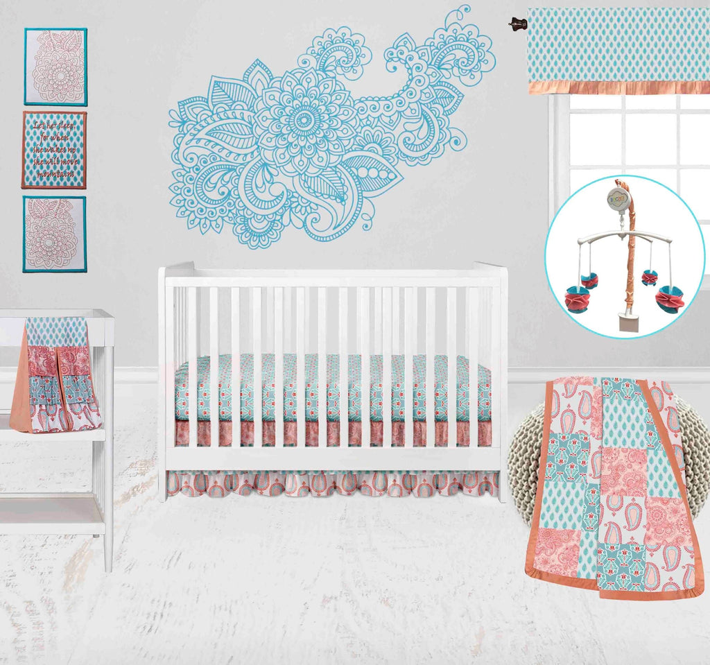 Paisley Sophia Coral/Aqua Girls Crib Bedding Set - Bacati - Crib Bedding Set - Bacati