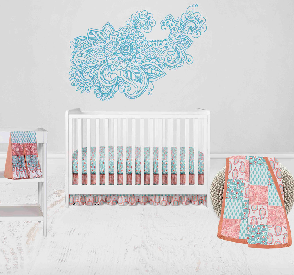 Paisley Sophia Coral/Aqua Girls Crib Bedding Set - Bacati - Crib Bedding Set - Bacati