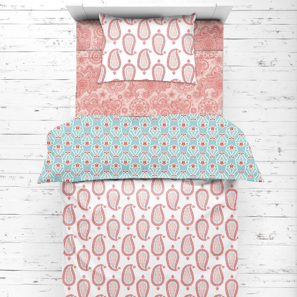 Girls 4 pc Toddler Bedding/3 pc Sheet Set 100% Cotton Percale, Paisley Sophia Coral/Aqua - Bacati - 4 pc Toddler Bedding Set - Bacati