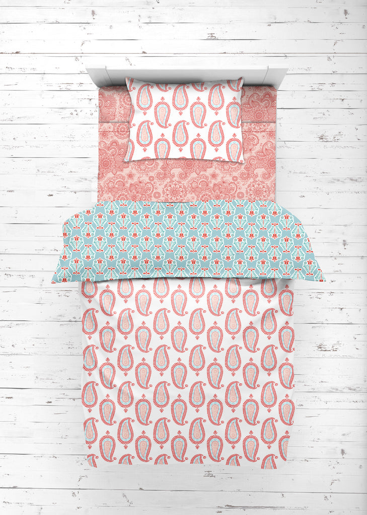 Girls 4 pc Toddler Bedding/3 pc Sheet Set 100% Cotton Percale, Paisley Sophia Coral/Aqua - Bacati - 4 pc Toddler Bedding Set - Bacati
