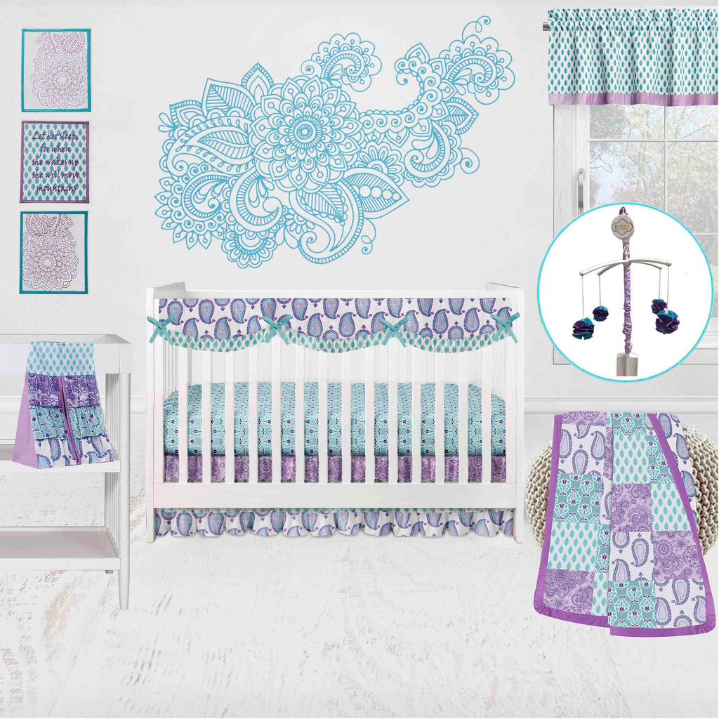 Bacati - Long/Small Crib Rail Guard Covers Cotton Paisley Isabella Lilac/Purple/Aqua - Bacati - Crib Rail Guard - Bacati