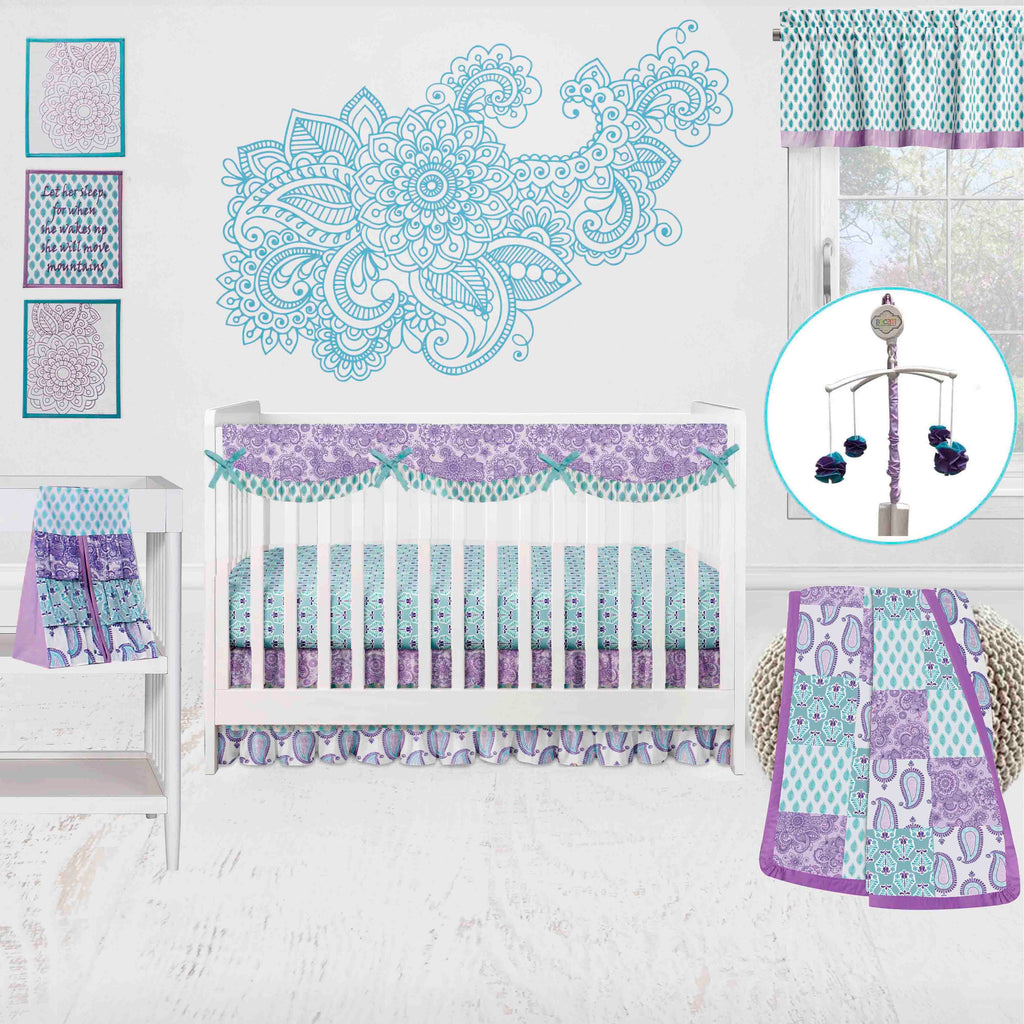 Bacati - Long/Small Crib Rail Guard Covers Cotton Paisley Isabella Lilac/Purple/Aqua - Bacati - Crib Rail Guard - Bacati