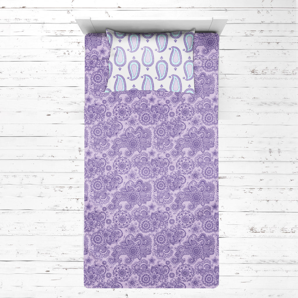 Bacati - Girls 4 pc Toddler Bedding/3 pc Sheet Set 100% Cotton Percale, Paisley Isabella, Purple/Lilac/Aqua - Bacati - 4 pc Toddler Bedding Set - Bacati