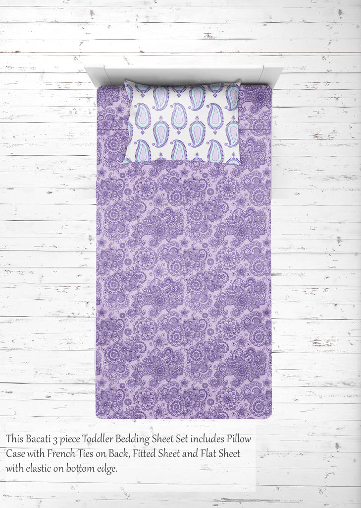 Girls 4 pc Toddler Bedding/3 pc Sheet Set 100% Cotton Percale, Paisley Isabella, Purple/Lilac/Aqua - Bacati - 4 pc Toddler Bedding Set - Bacati