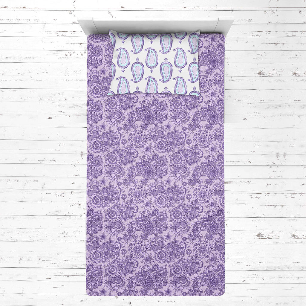 Bacati - Girls 4 pc Toddler Bedding/3 pc Sheet Set 100% Cotton Percale, Paisley Isabella, Purple/Lilac/Aqua - Bacati - 4 pc Toddler Bedding Set - Bacati