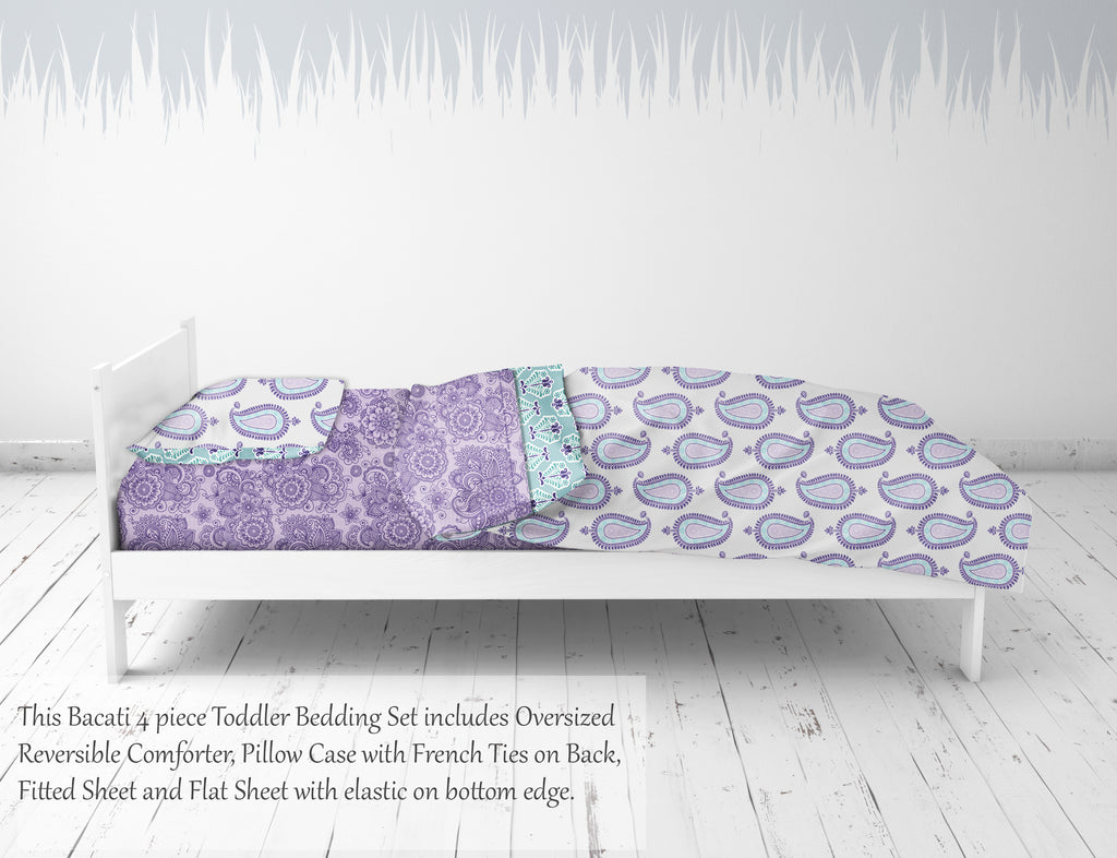 Girls 4 pc Toddler Bedding/3 pc Sheet Set 100% Cotton Percale, Paisley Isabella, Purple/Lilac/Aqua - Bacati - 4 pc Toddler Bedding Set - Bacati