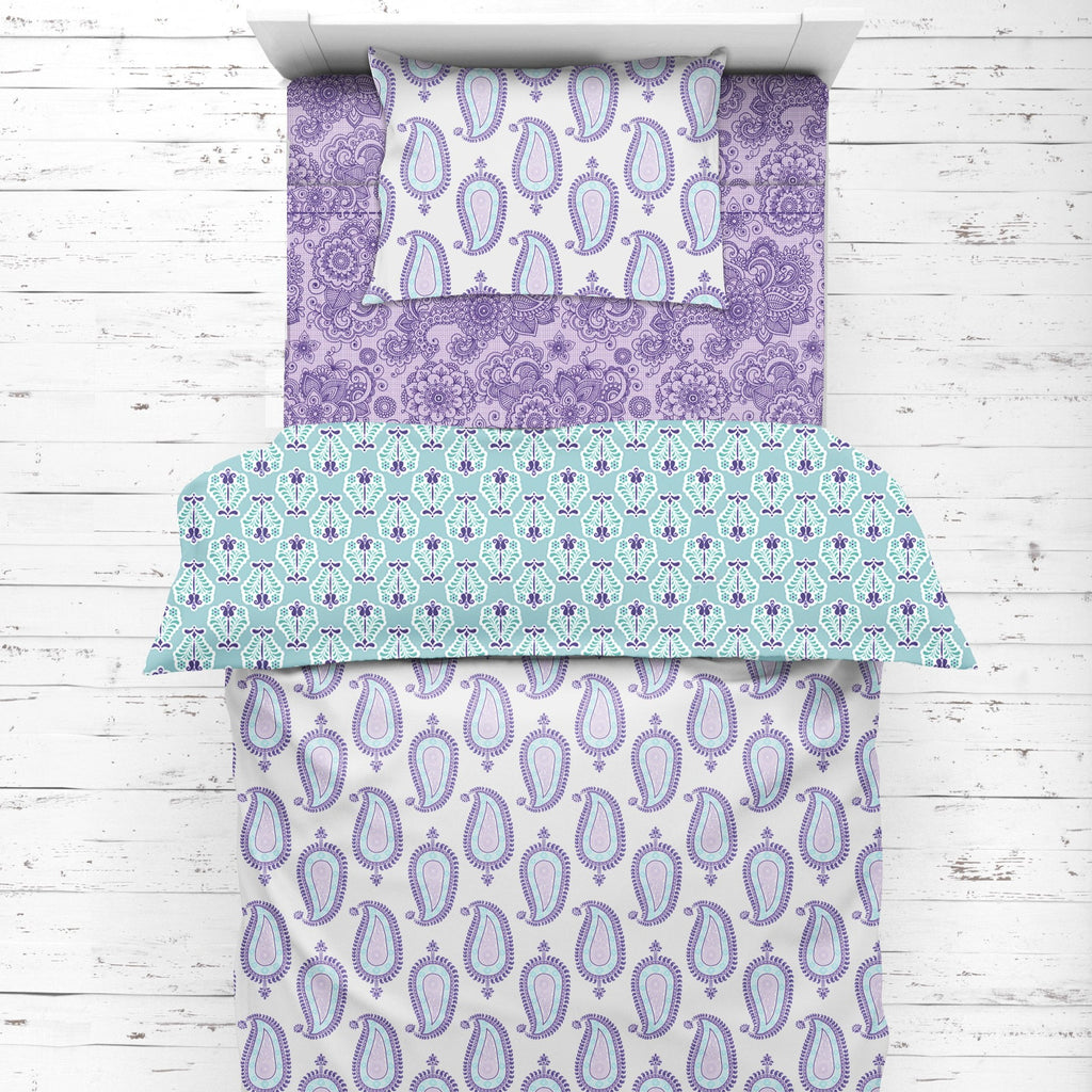 Girls 4 pc Toddler Bedding/3 pc Sheet Set 100% Cotton Percale, Paisley Isabella, Purple/Lilac/Aqua - Bacati - 4 pc Toddler Bedding Set - Bacati
