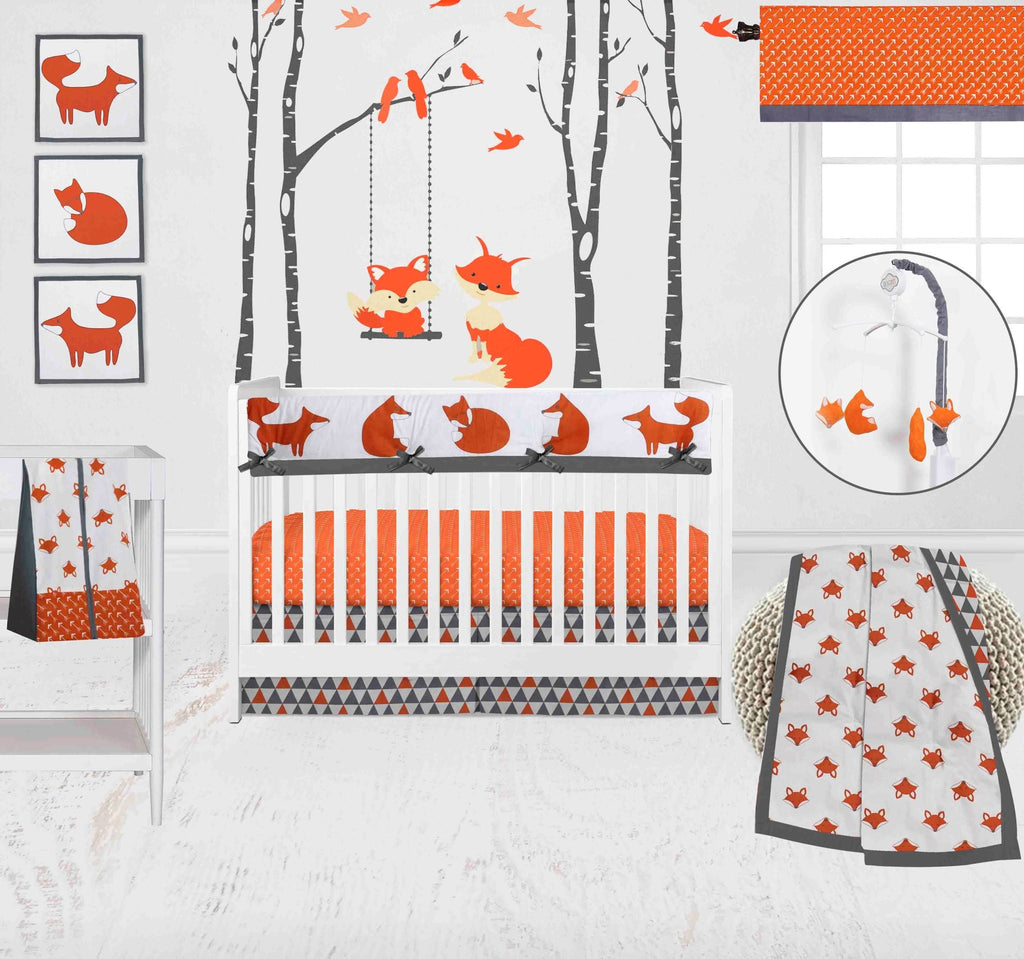 Playful Fox Orange/Grey Neutral Crib Bedding Set - Bacati - Crib Bedding Set - Bacati