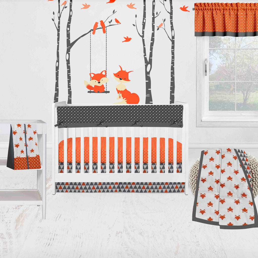 Bacati - Long/Small Crib Rail Guard Covers Cotton Playful Fox Orange/Grey - Bacati - Crib Rail Guard - Bacati