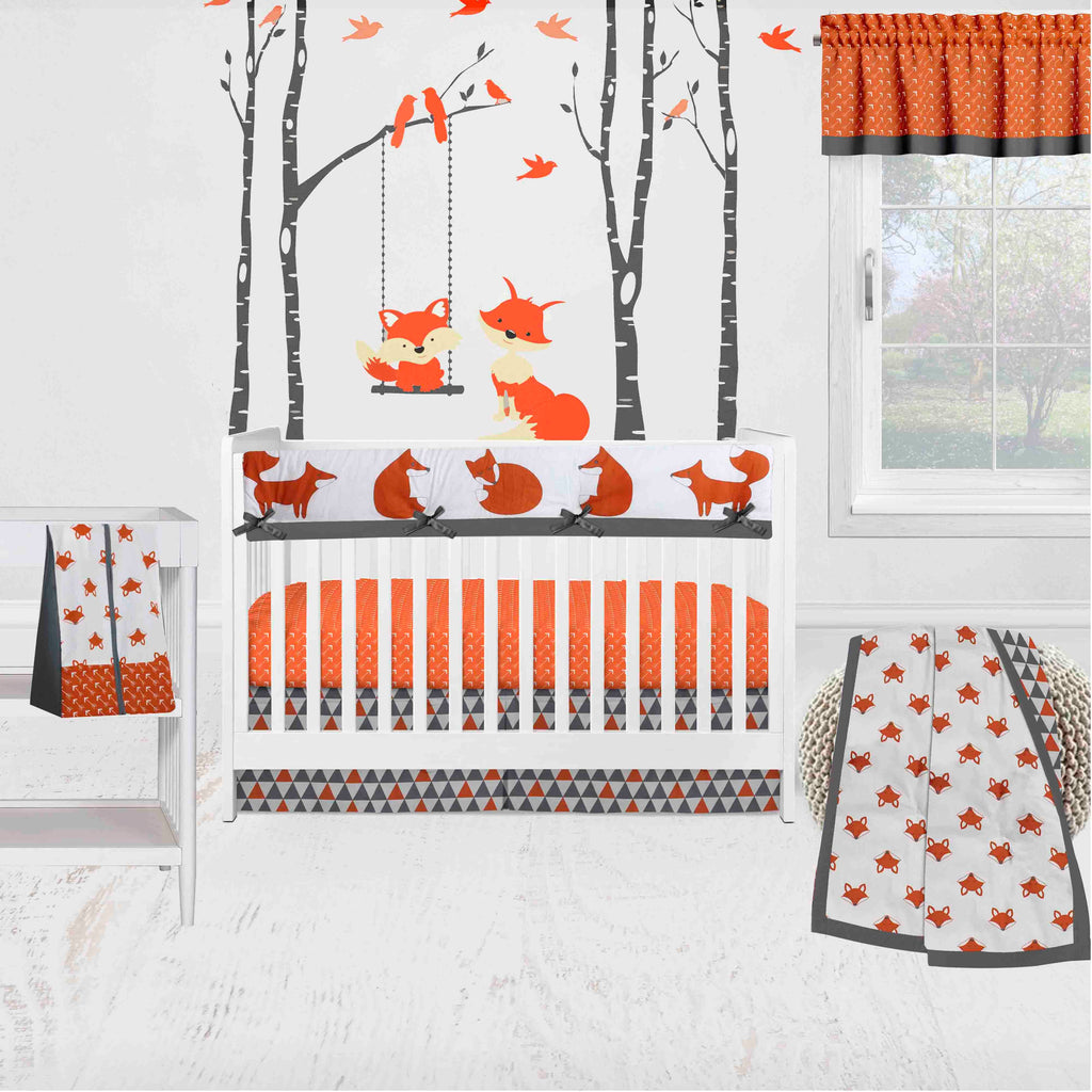 Bacati - Long/Small Crib Rail Guard Covers Cotton Playful Fox Orange/Grey - Bacati - Crib Rail Guard - Bacati