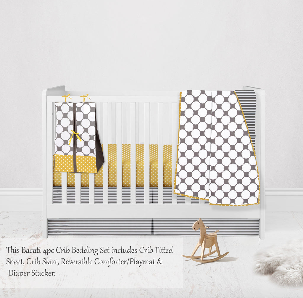 Dots Pin Stripes Grey/Yellow Neutral Crib Bedding Set - Bacati - Crib Bedding Set - Bacati