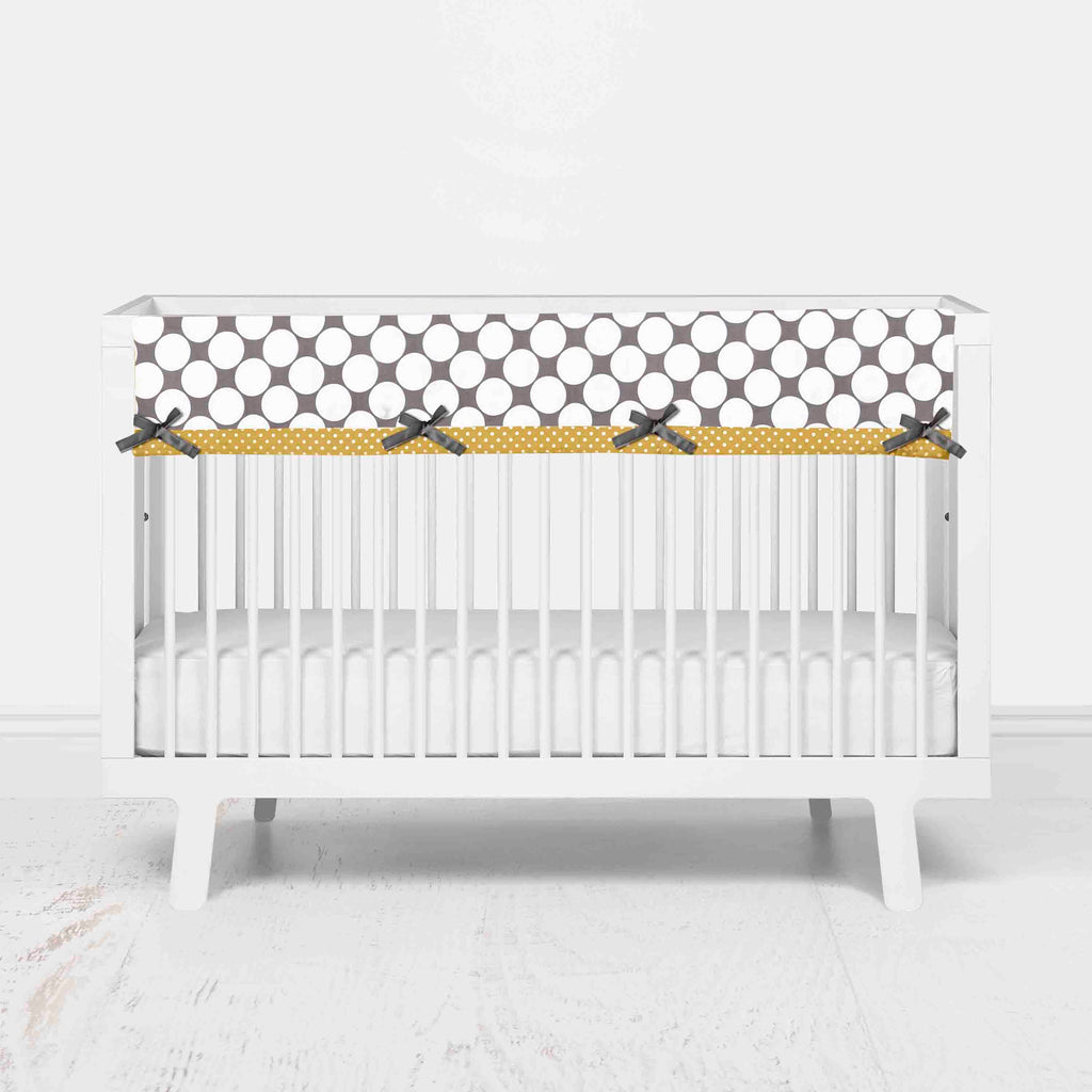 Bacati - Crib Rail Guard Covers Cotton Dots/Stripes, Grey/Yellow - Bacati - Crib Rail Guard - Bacati