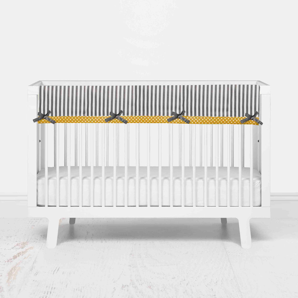 Bacati - Crib Rail Guard Covers Cotton Dots/Stripes, Grey/Yellow - Bacati - Crib Rail Guard - Bacati