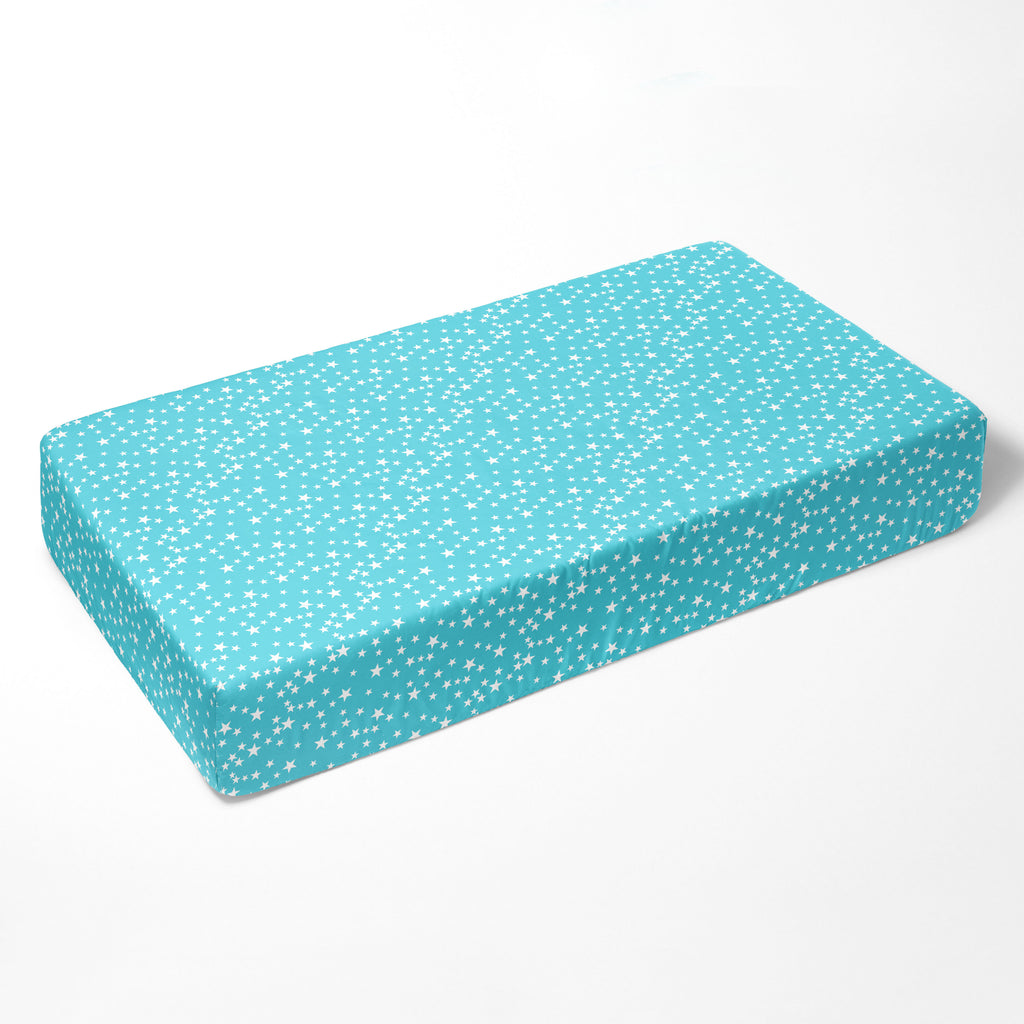 Bacati - Crib or Toddler Bed Fitted Sheet, Airspace, Aqua/Red/Orange/Green/Navy - Bacati - Crib/Toddler Fitted Sheet - Bacati