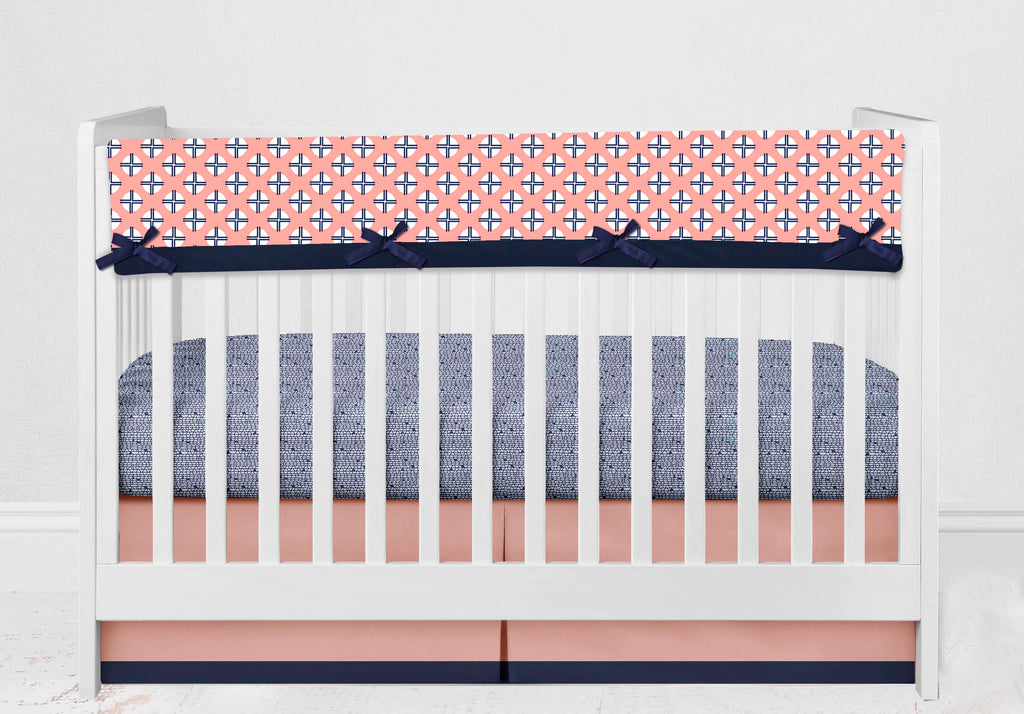 Long/Small Crib Rail Guard Covers Cotton Tribal Olivia Coral/Navy - Bacati - Crib Rail Guard - Bacati