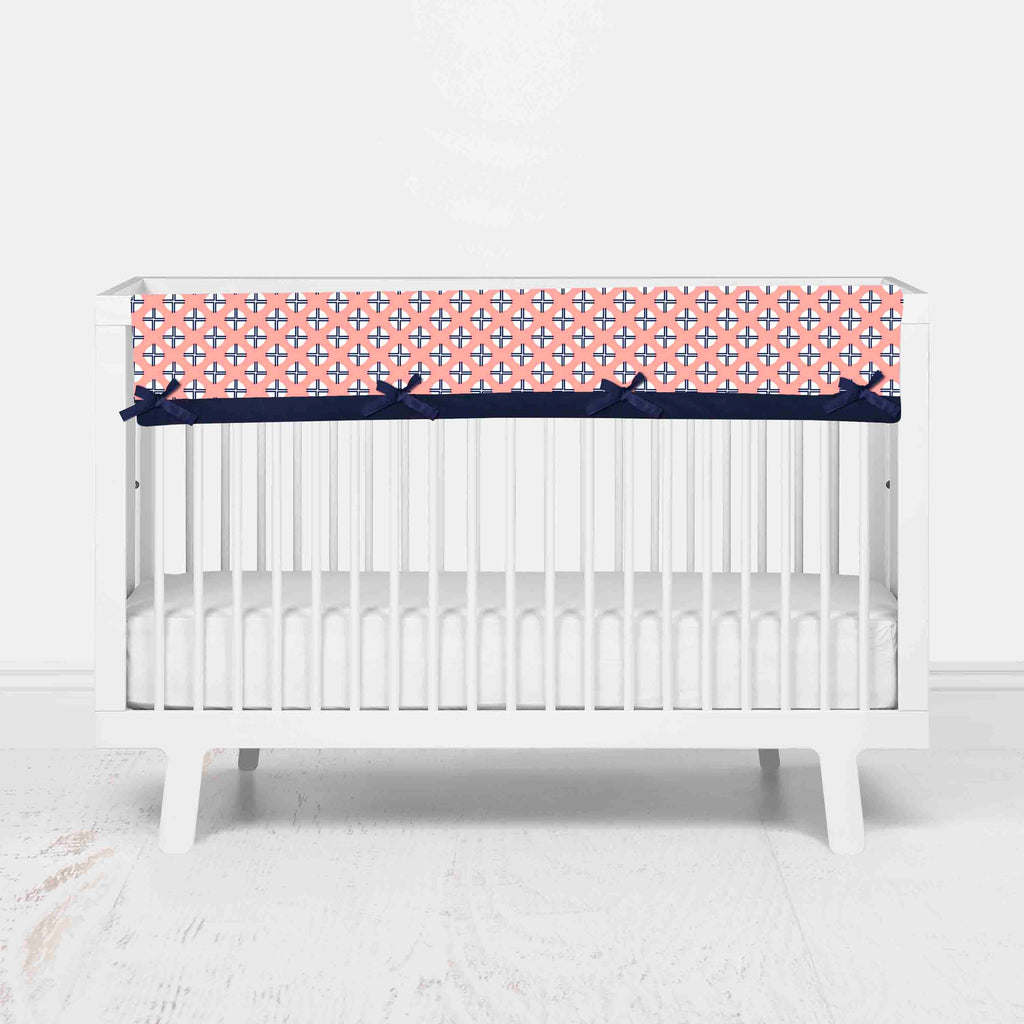 Bacati - Long/Small Crib Rail Guard Covers Cotton Tribal Olivia Coral/Navy - Bacati - Crib Rail Guard - Bacati