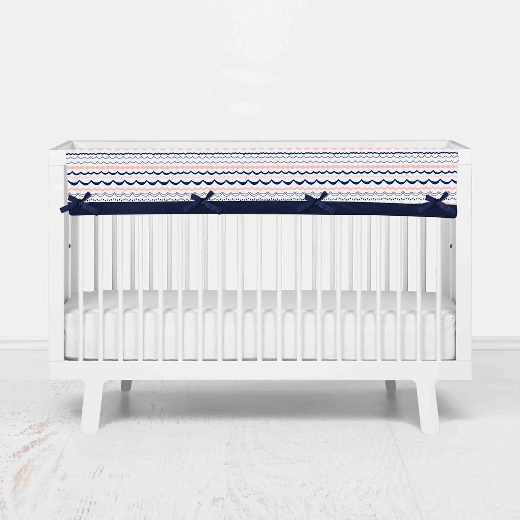 Bacati - Long/Small Crib Rail Guard Covers Cotton Tribal Olivia Coral/Navy - Bacati - Crib Rail Guard - Bacati