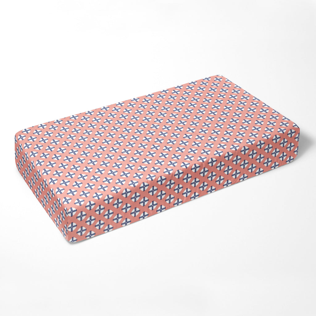 Bacati - Crib or Toddler Bed Fitted Sheet 100% Cotton Percale, Tribal Olivia Coral/Navy - Bacati - Crib/Toddler Fitted Sheet - Bacati