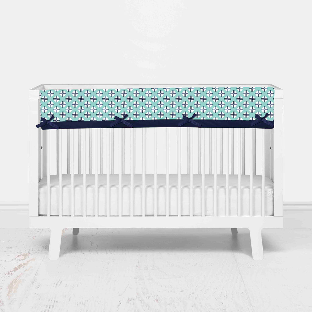 Bacati - Long/Small Crib Rail Guard Covers Cotton Tribal Noah Mint/Navy - Bacati - Crib Rail Guard - Bacati