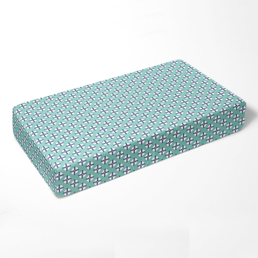 Bacati - Crib or Toddler Bed Fitted Sheet 100% Cotton Percale, Tribal Noah Mint/Navy - Bacati - Crib/Toddler Fitted Sheet - Bacati