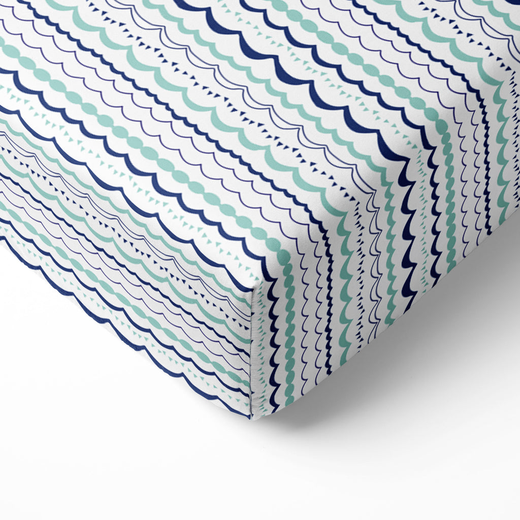 Bacati - Crib or Toddler Bed Fitted Sheet 100% Cotton Percale, Tribal Noah Mint/Navy - Bacati - Crib/Toddler Fitted Sheet - Bacati