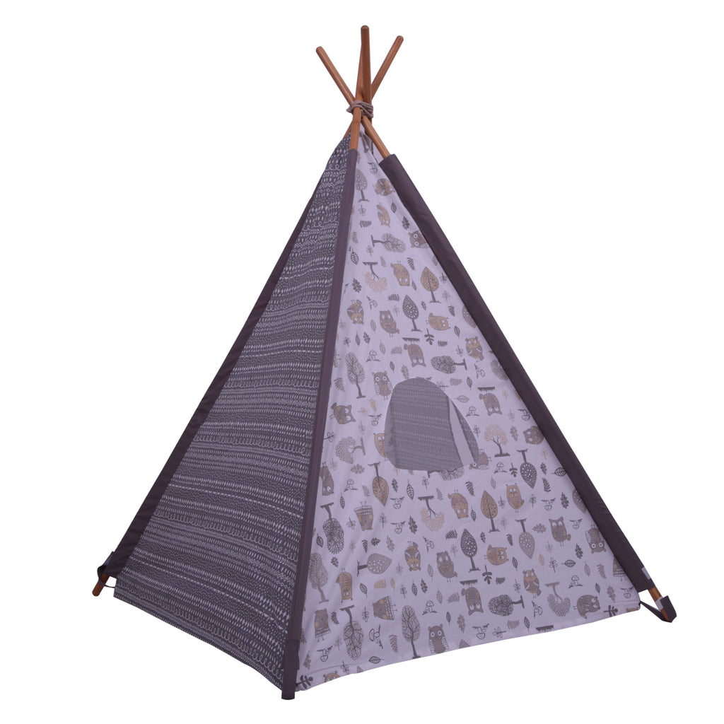 Bacati Owls in the Woods Teepee Tent for Kids/Toddlers, 100% Cotton Percale Fabric Cover, Beige/Grey - Bacati - Tee Pee - Bacati