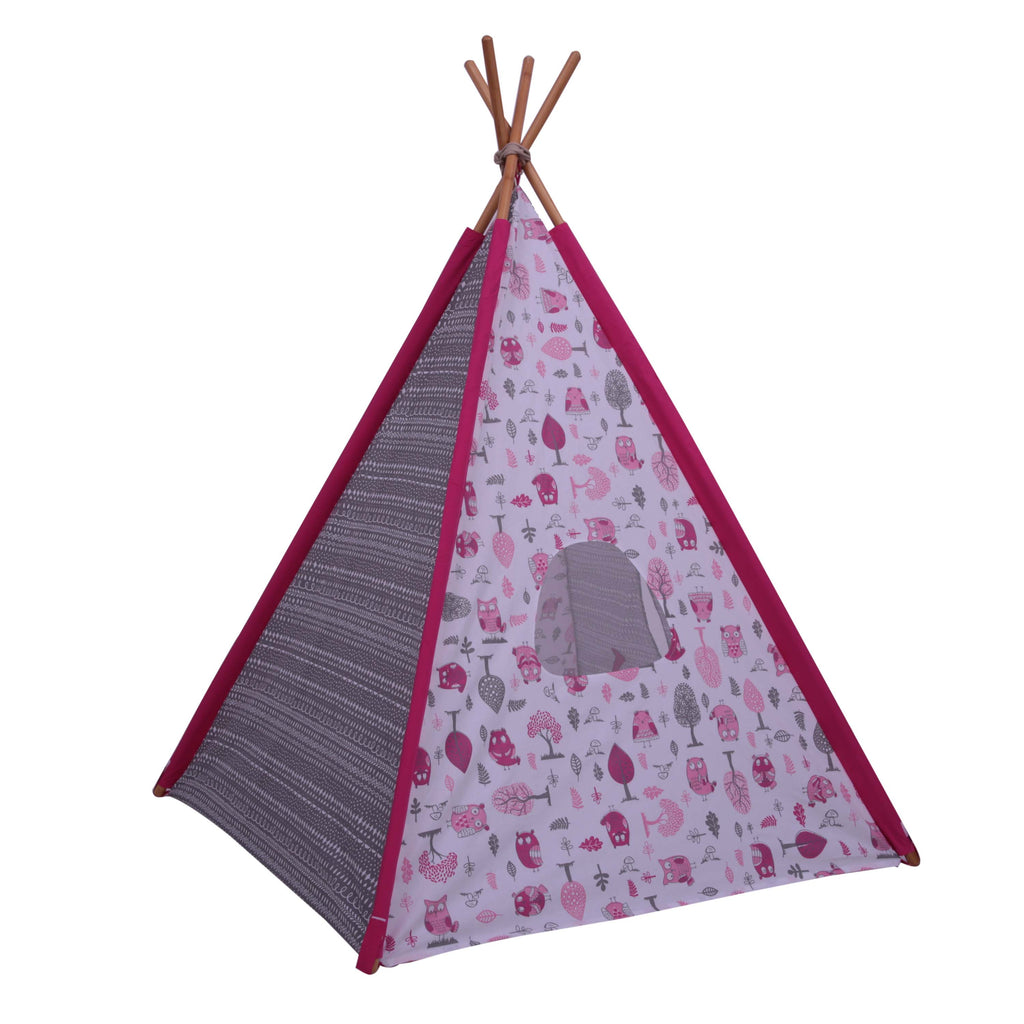 Bacati Owls in the Woods Teepee Tent for Kids/Toddlers, 100% Cotton Percale Fabric Cover, Pink/Grey - Bacati - Tee Pee - Bacati