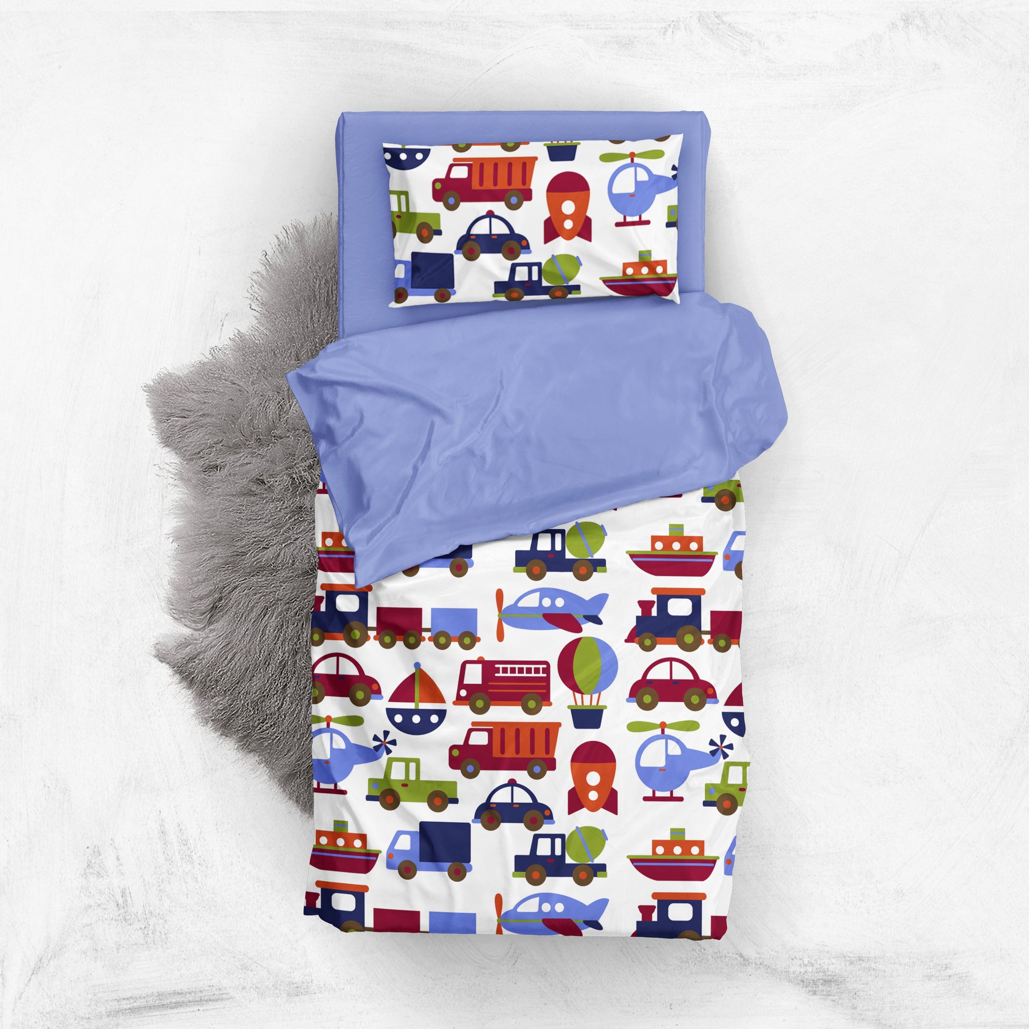 Bacati Twin Boys Sheet Set Transportation Blue Navy Orange Red Gree