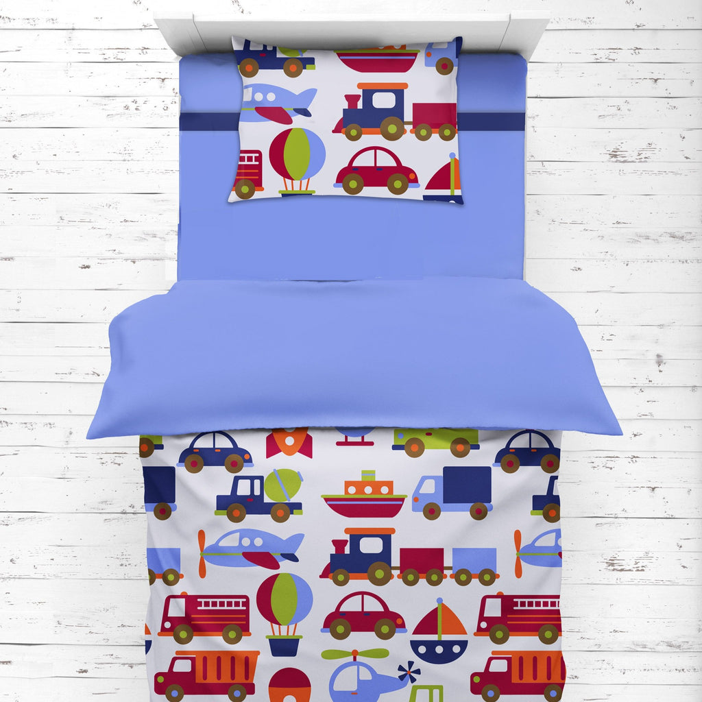 Boys 4 pc Toddler Bedding/3 pc Sheet Set 100% Cotton Percale, Transportation Blue/Navy/Orange/Red/Green - Bacati - 4 pc Toddler Bedding Set - Bacati