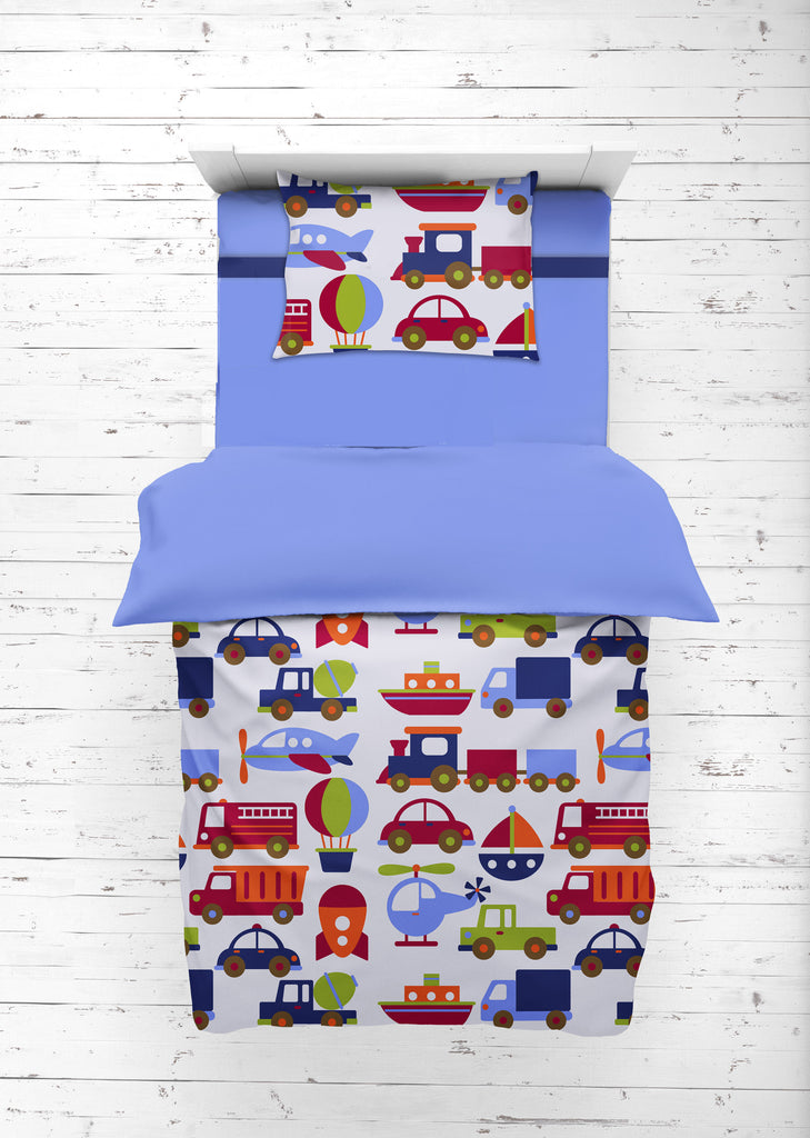 Boys 4 pc Toddler Bedding/3 pc Sheet Set 100% Cotton Percale, Transportation Blue/Navy/Orange/Red/Green - Bacati - 4 pc Toddler Bedding Set - Bacati