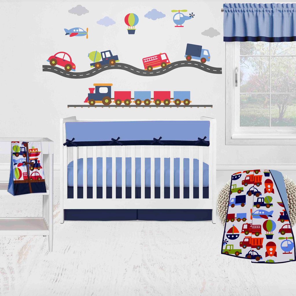 Bacati - Long/Small Crib Rail Guard Covers Cotton Transportation - Bacati - Crib Rail Guard - Bacati