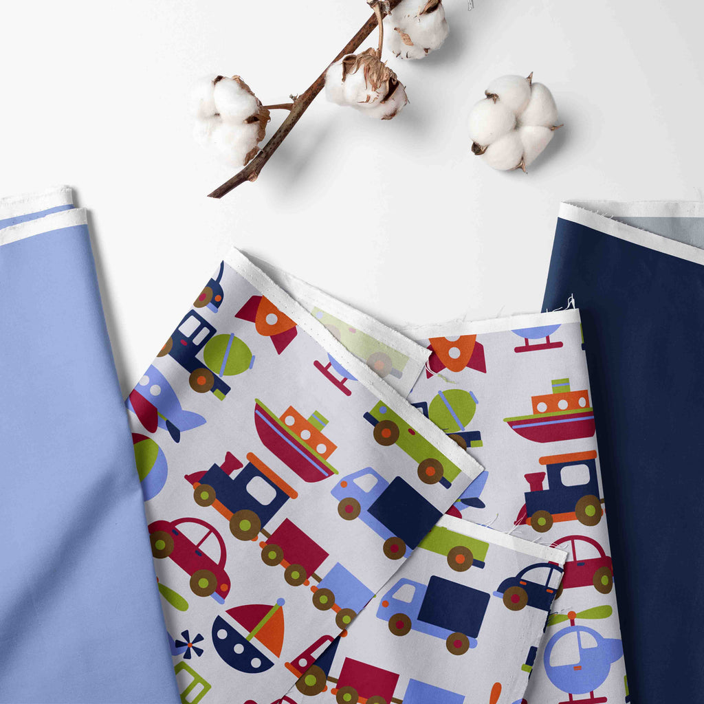 Bacati - Boys 4 pc Toddler Bedding/3 pc Sheet Set 100% Cotton Percale, Transportation Blue/Navy/Orange/Red/Green - Bacati - 4 pc Toddler Bedding Set - Bacati