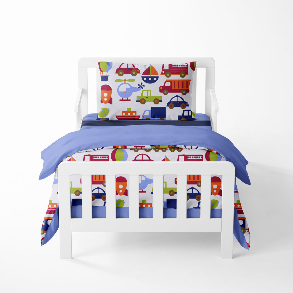 Boys 4 pc Toddler Bedding/3 pc Sheet Set 100% Cotton Percale, Transportation Blue/Navy/Orange/Red/Green - Bacati - 4 pc Toddler Bedding Set - Bacati