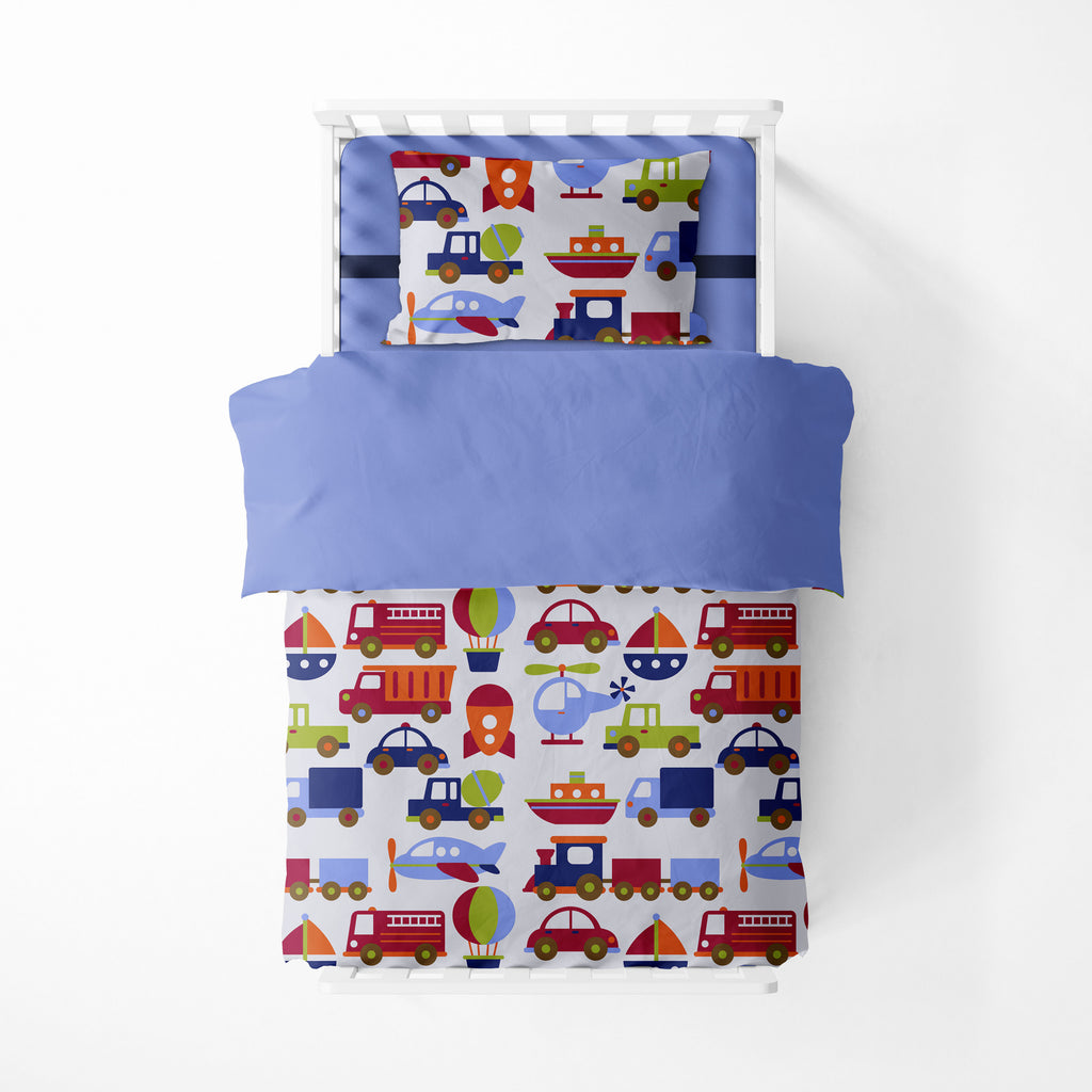 Boys 4 pc Toddler Bedding/3 pc Sheet Set 100% Cotton Percale, Transportation Blue/Navy/Orange/Red/Green - Bacati - 4 pc Toddler Bedding Set - Bacati