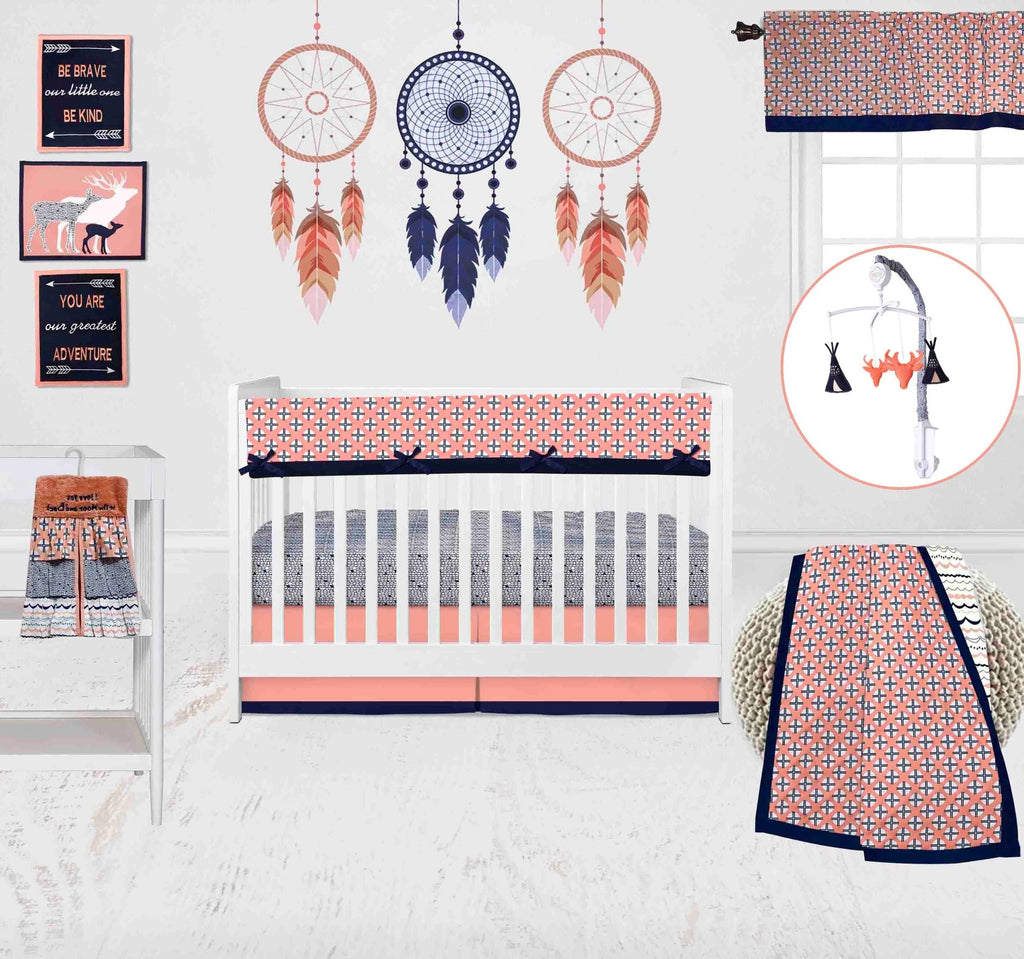 Tribal Olivia Coral/Navy Girls Crib Bedding Set - Bacati - Crib Bedding Set - Bacati