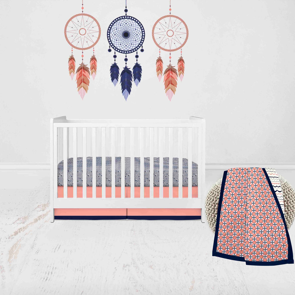 Tribal Olivia Coral/Navy Girls Crib Bedding Set - Bacati - Crib Bedding Set - Bacati