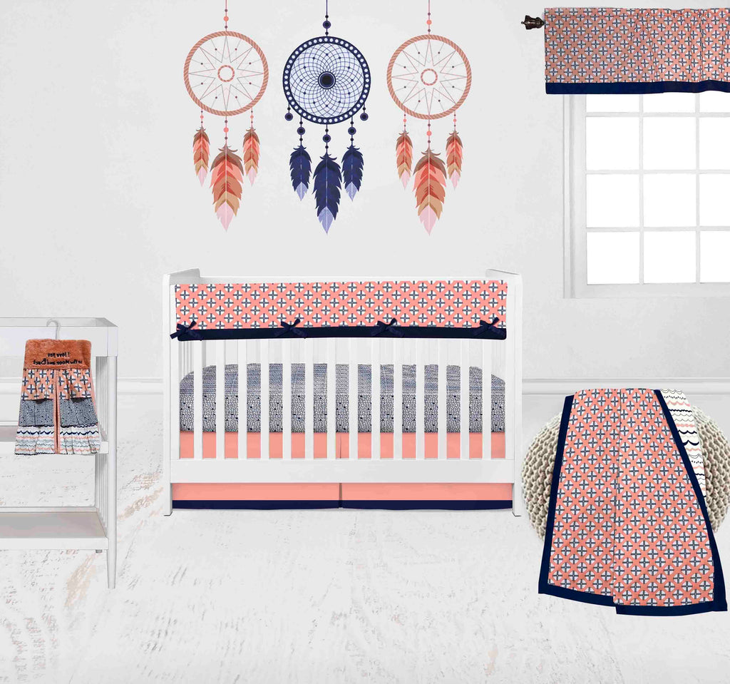 Tribal Olivia Coral/Navy Girls Crib Bedding Set - Bacati - Crib Bedding Set - Bacati