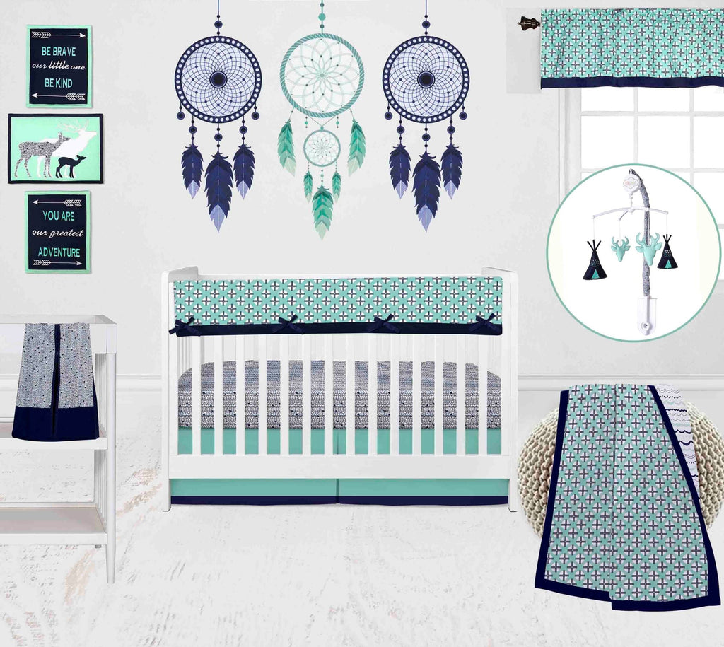 Tribal Noah Mint/Navy Boys Crib Bedding Set - Bacati - Crib Bedding Set - Bacati