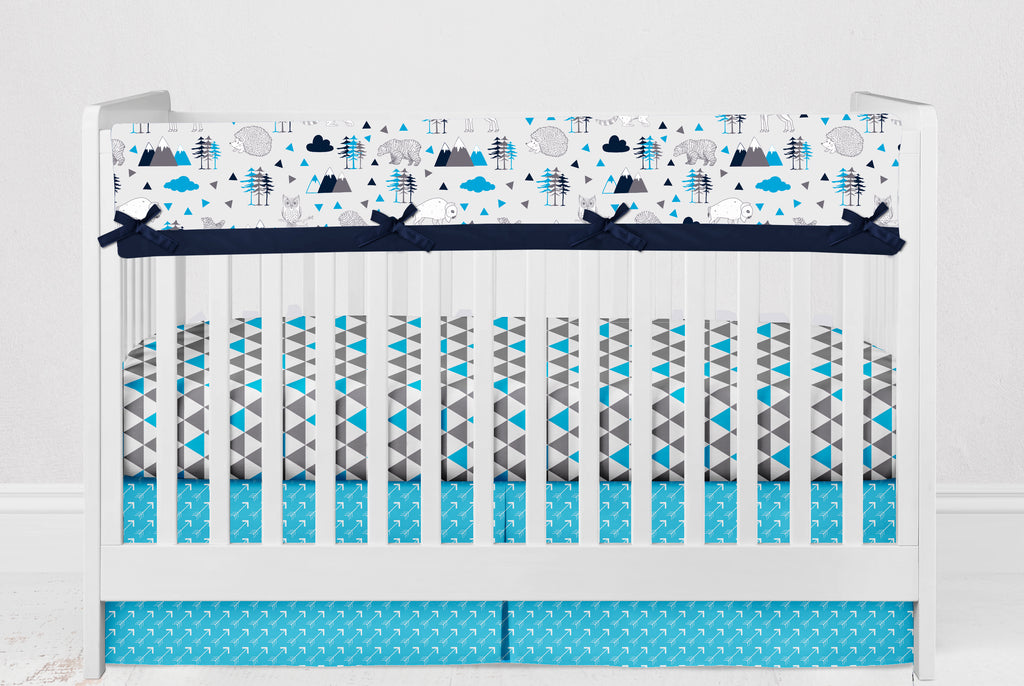 Long/Small Crib Rail Guard Covers Cotton Woodlands Aqua/Navy/Grey - Bacati - Crib Rail Guard - Bacati