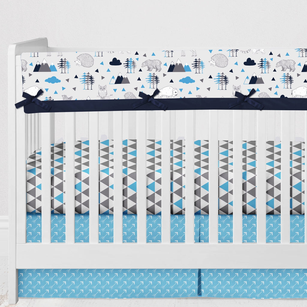 Long/Small Crib Rail Guard Covers Cotton Woodlands Aqua/Navy/Grey - Bacati - Crib Rail Guard - Bacati