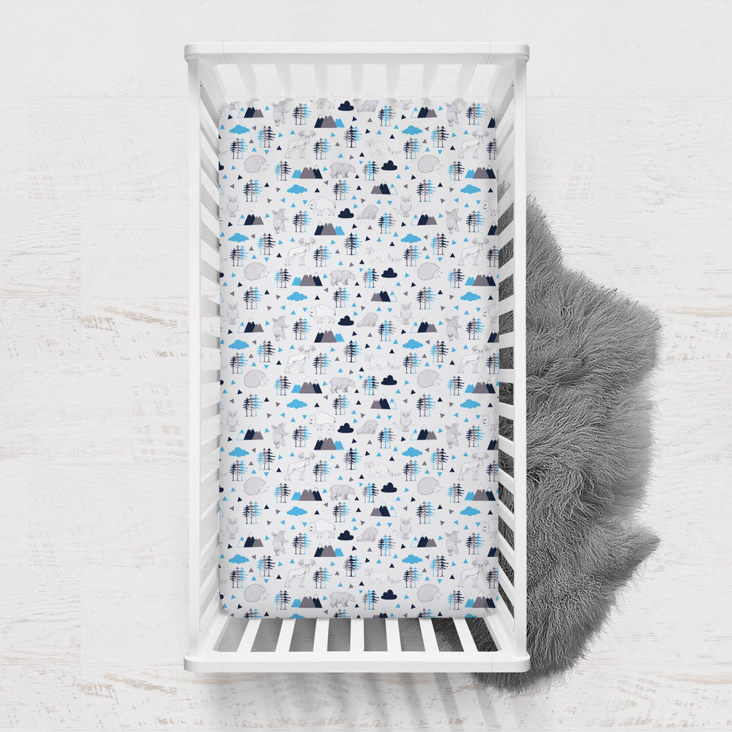 Crib or Toddler Bed Fitted Sheet 100% Cotton Percale, Woodlands Aqua/Navy/Grey - Bacati - Crib/Toddler Fitted Sheet - Bacati