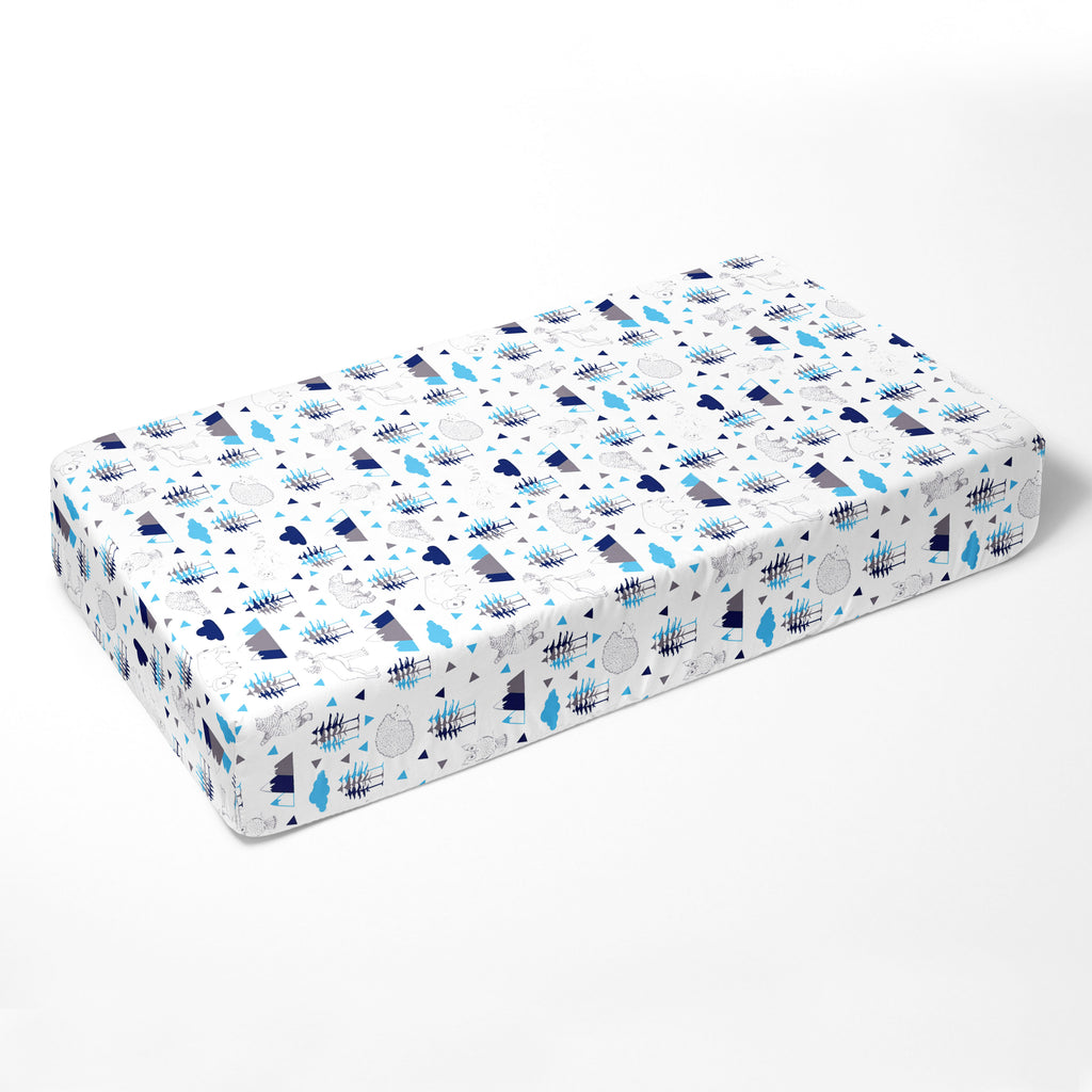 Crib or Toddler Bed Fitted Sheet 100% Cotton Percale, Woodlands Aqua/Navy/Grey - Bacati - Crib/Toddler Fitted Sheet - Bacati