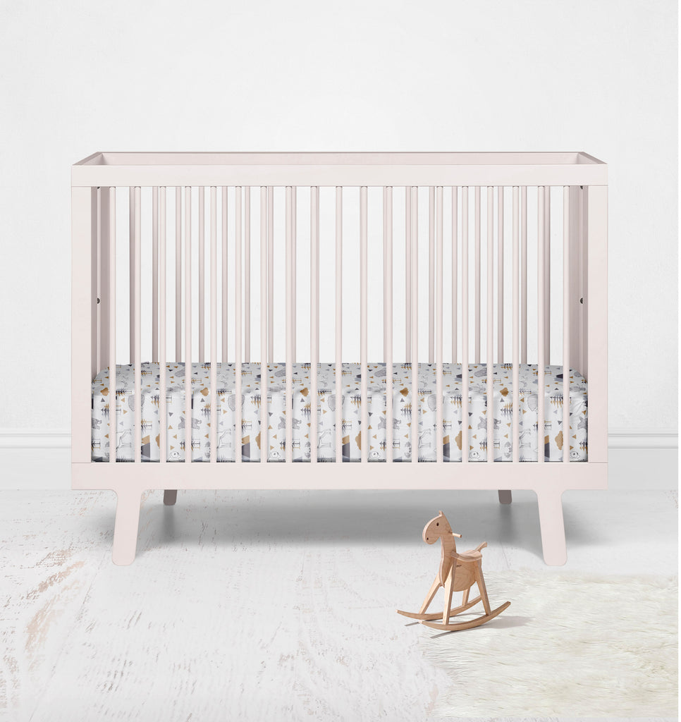 Crib or Toddler Bed Fitted Sheet 100% Cotton Percale, Woodlands Animals Beige/Grey - Bacati - Crib/Toddler Fitted Sheet - Bacati