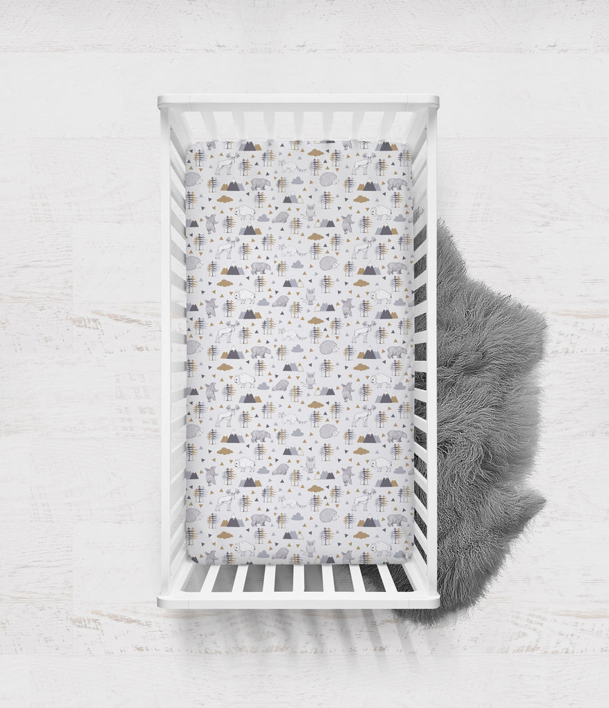 Crib or Toddler Bed Fitted Sheet 100% Cotton Percale, Woodlands Animals Beige/Grey - Bacati - Crib/Toddler Fitted Sheet - Bacati