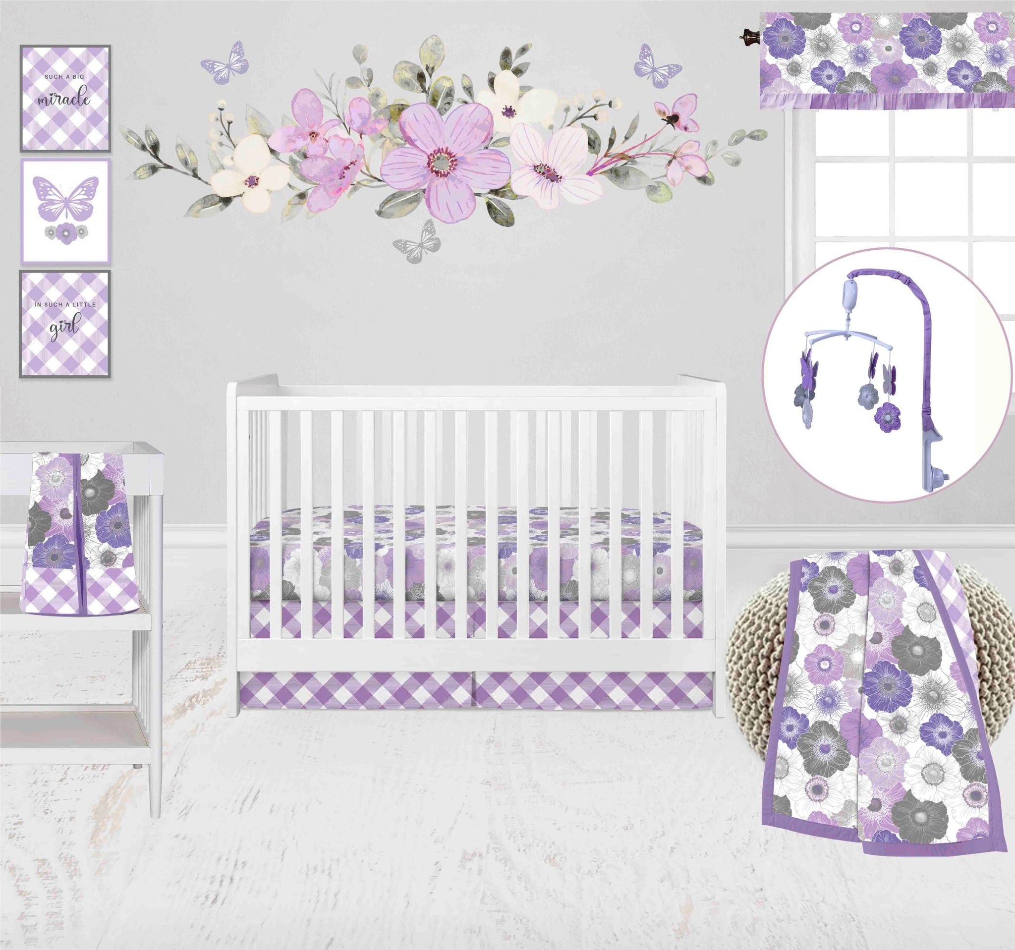 Bacati Watercolor Floral Purple Gray 10 PC Girls Crib Bedding Set with 2 Crib Fitted Sheets