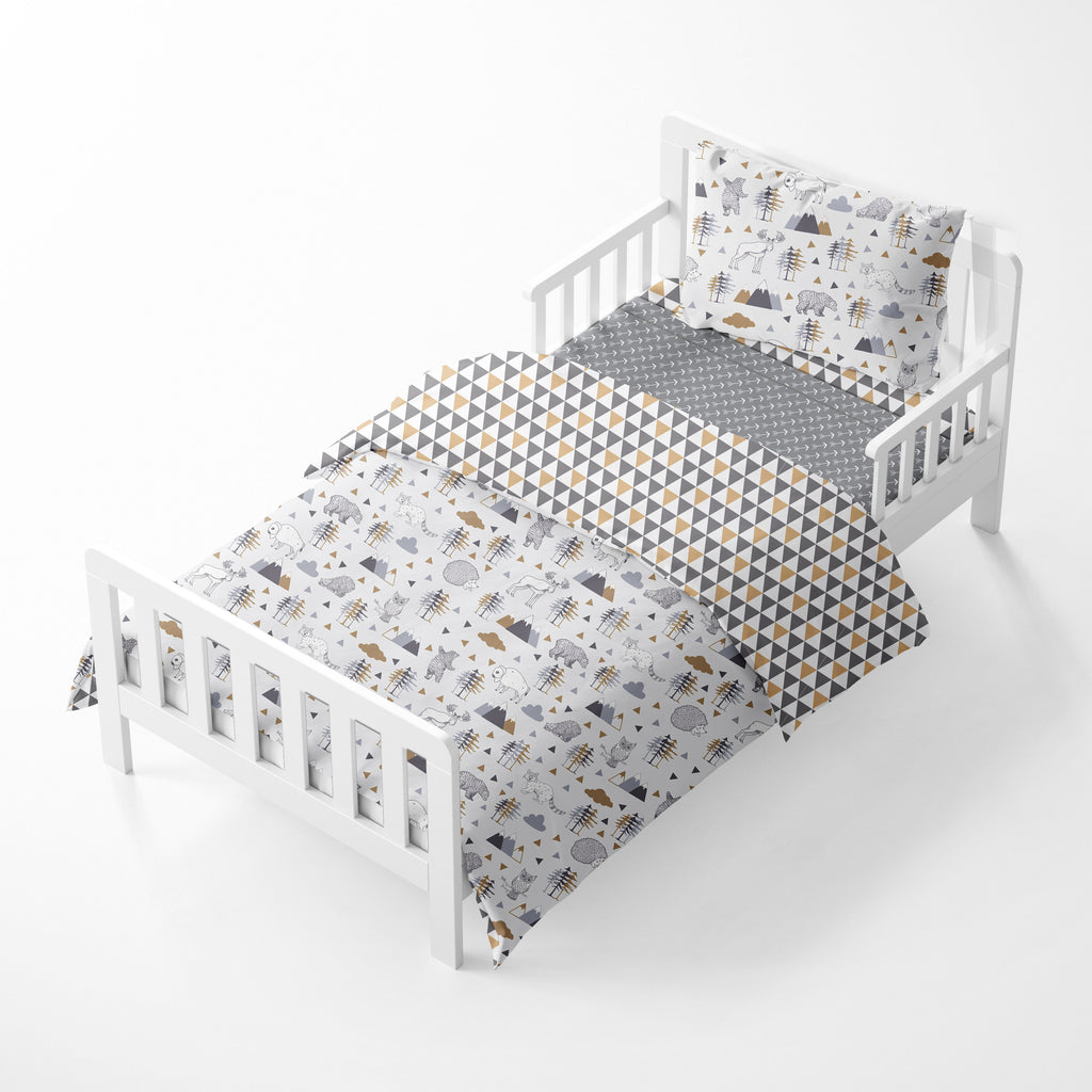 Toddler Bedding/Sheet Set 100% Cotton Percale, Woodlands Beige/Grey - Bacati - 4 pc Toddler Bedding Set - Bacati
