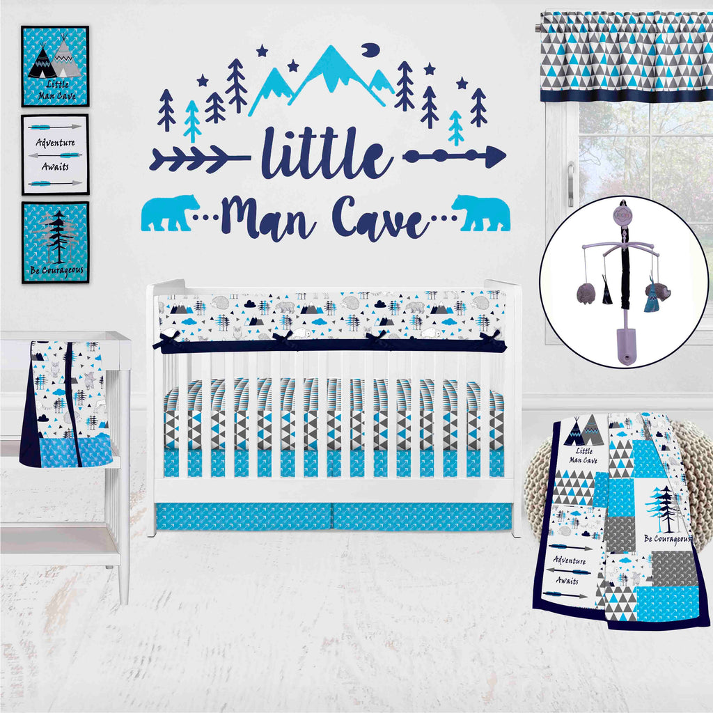 Bacati - Long/Small Crib Rail Guard Covers Cotton Woodlands Aqua/Navy/Grey - Bacati - Crib Rail Guard - Bacati